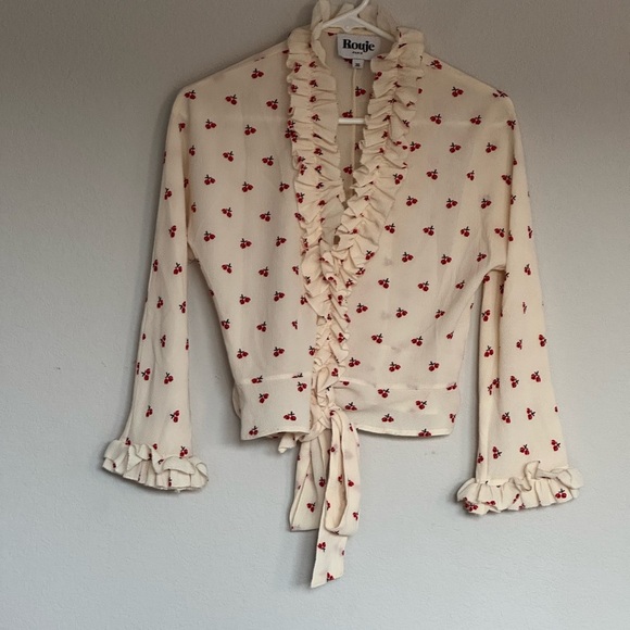 Rouje Paris Frou Frou Wrap Top Cherry Print Ruffle 36 XS/S - Picture 2 of 11